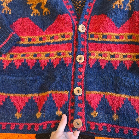 70s 80s 100% pure wool knitted red and blue cardigan - Toshy Made In Bolivia! - Picture 11 of 15